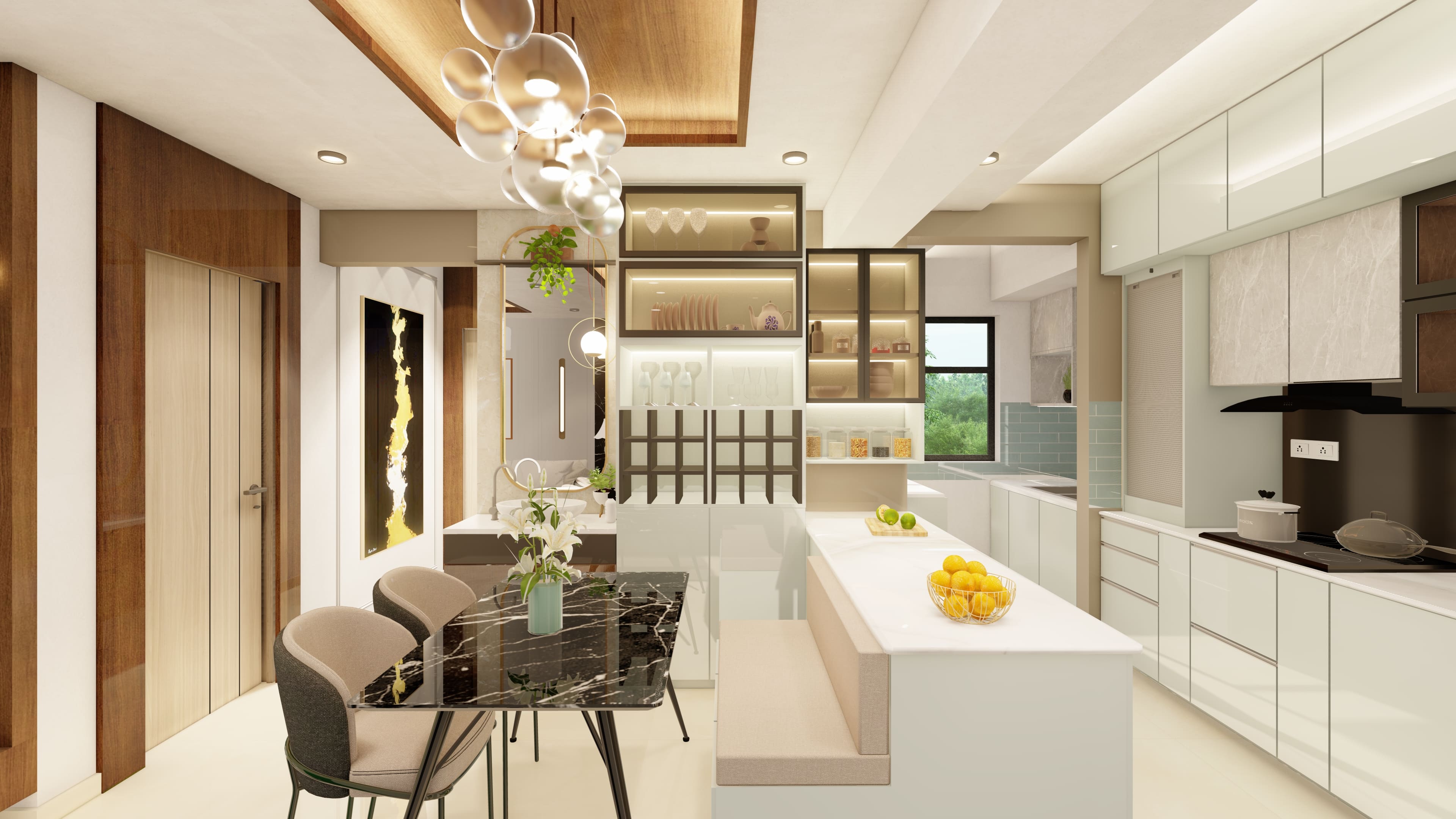 Modern Dining and open kitchen with crockery unit